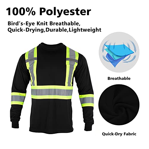 VENDACE Men's High Vis Safety Work T Shirt ANSI Class 2 Reflective Long Sleeve Shirt with Pocket