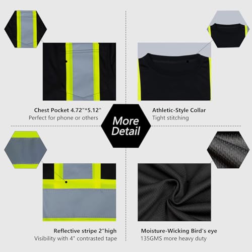 VENDACE Men's High Vis Safety Work T Shirt ANSI Class 2 Reflective Long Sleeve Shirt with Pocket