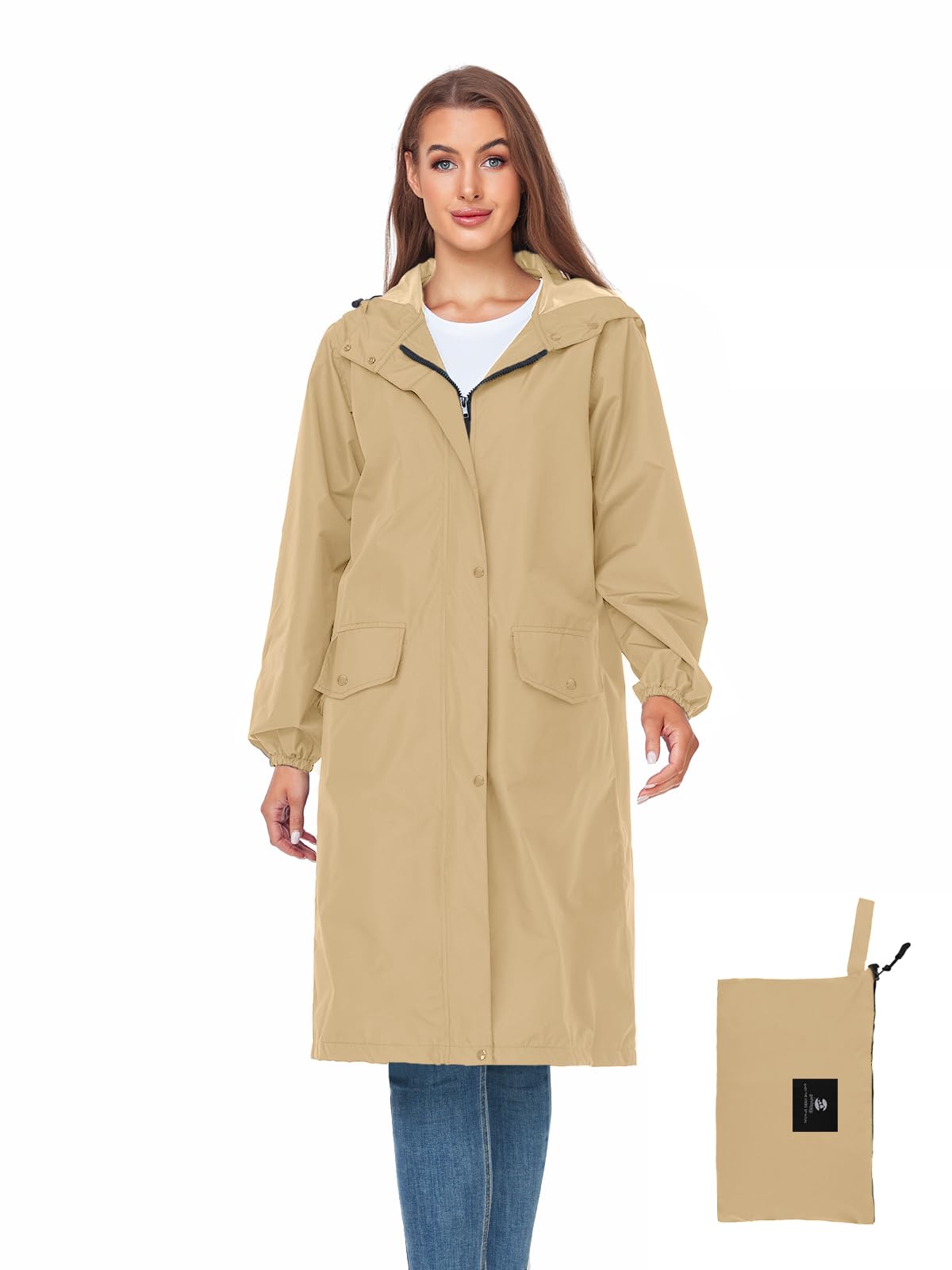 Women's Lightweight Packable Waterproof Long Rain Jacket