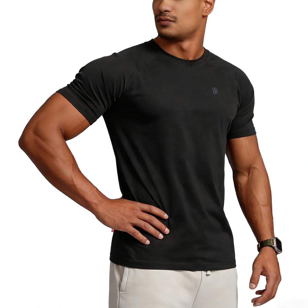 BVSN Men's Cotton Short Sleeve Raglan Crew Neck Gym Workout Athletic Tee