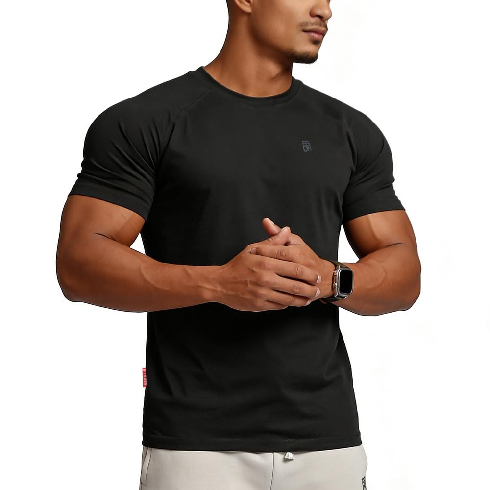 BVSN Men's Cotton Short Sleeve Raglan Crew Neck Gym Workout Athletic Tee