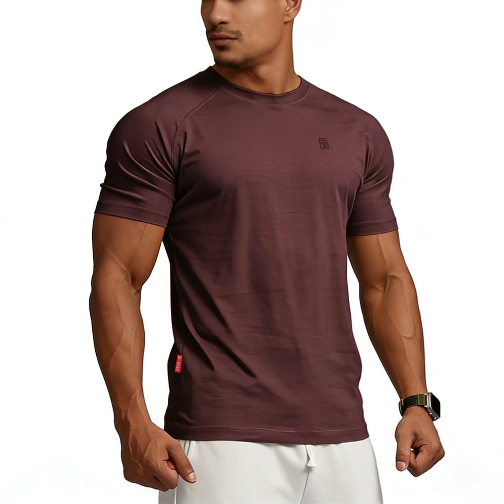 BVSN Men's Cotton Short Sleeve Raglan Crew Neck Gym Workout Athletic Tee
