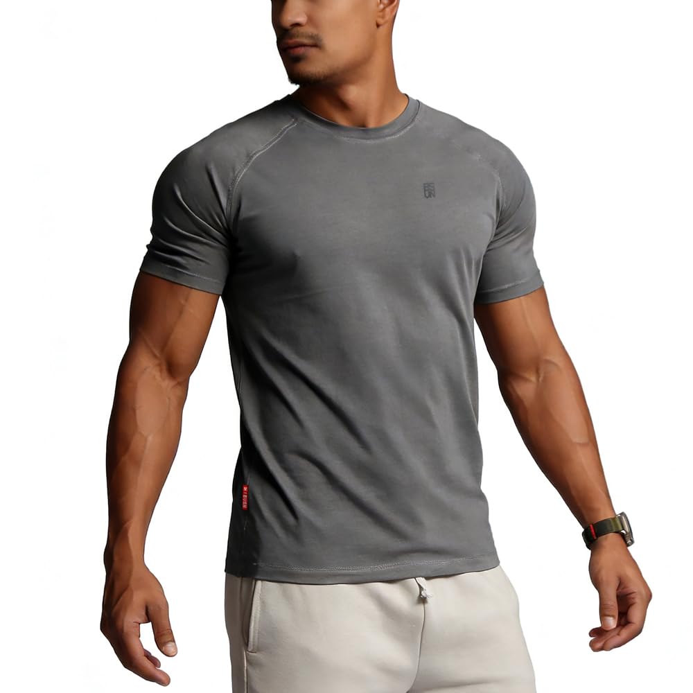 BVSN Men's Cotton Short Sleeve Raglan Crew Neck Gym Workout Athletic Tee