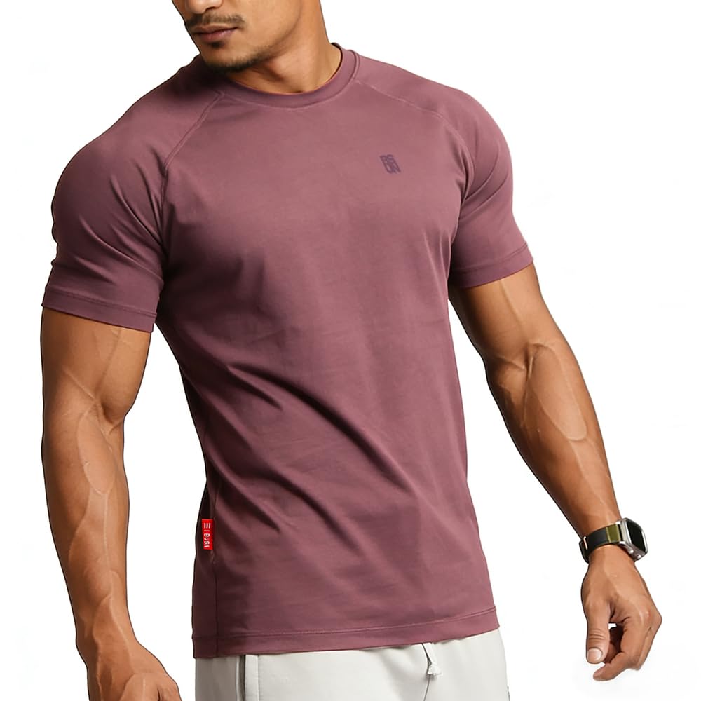 BVSN Men's Cotton Short Sleeve Raglan Crew Neck Gym Workout Athletic Tee