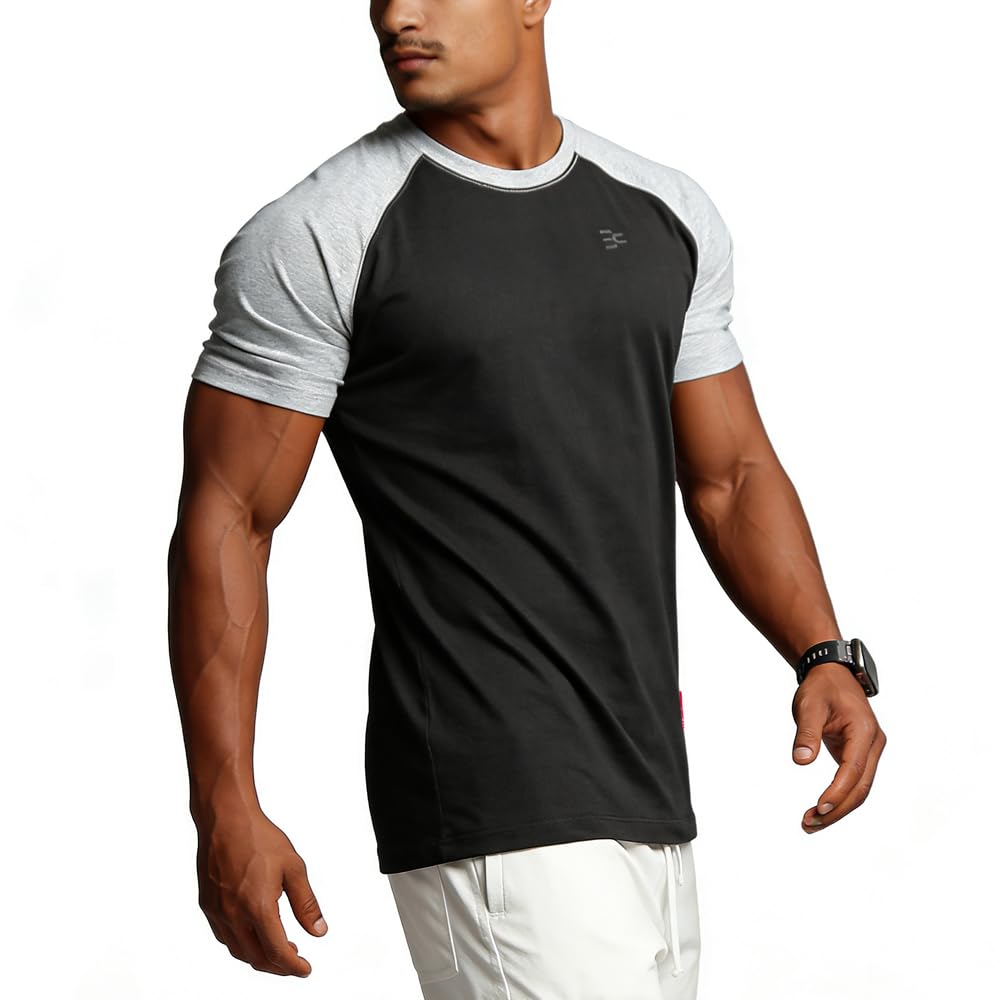 BVSN Men's Cotton Short Sleeve Raglan Crew Neck Gym Workout Athletic Tee