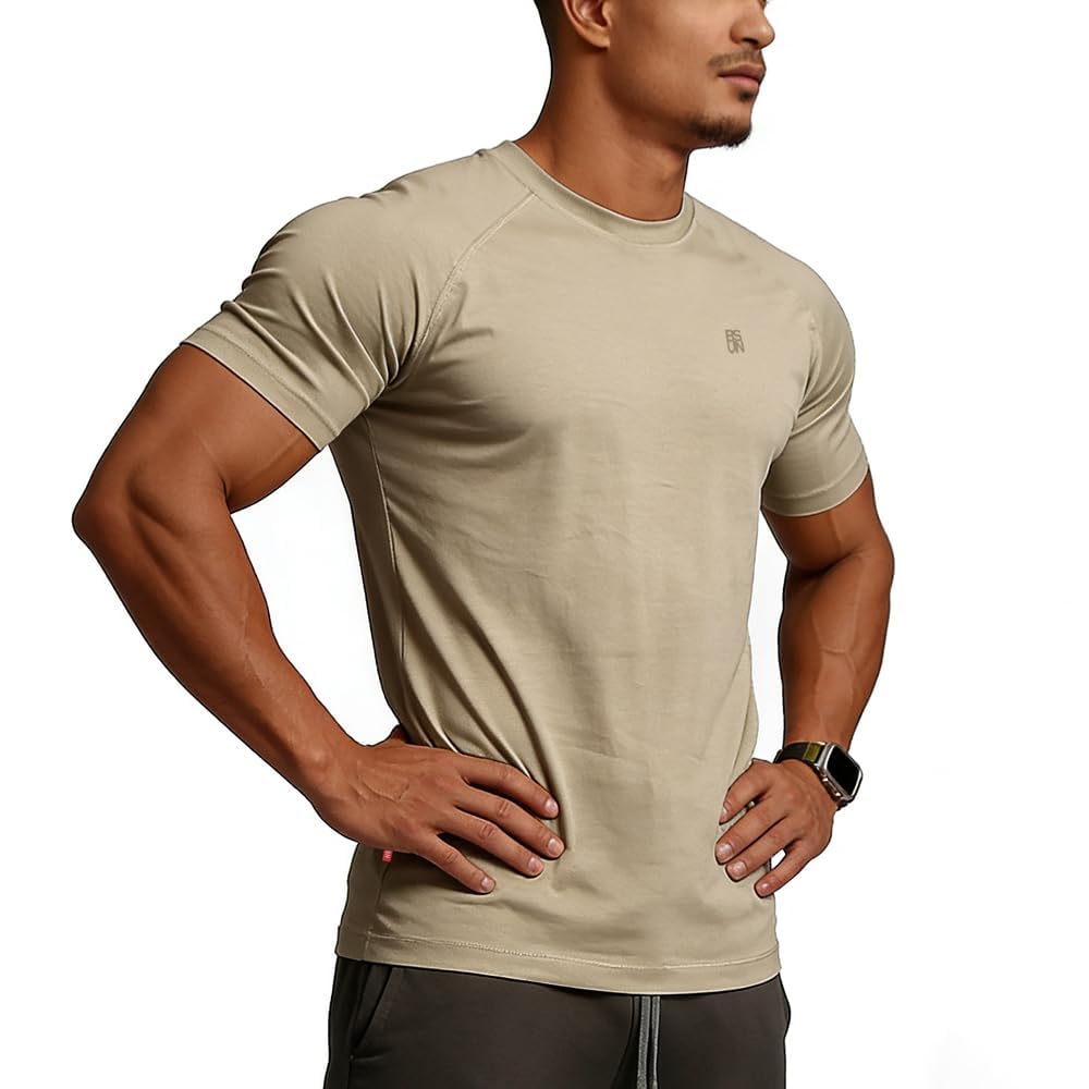BVSN Men's Cotton Short Sleeve Raglan Crew Neck Gym Workout Athletic Tee