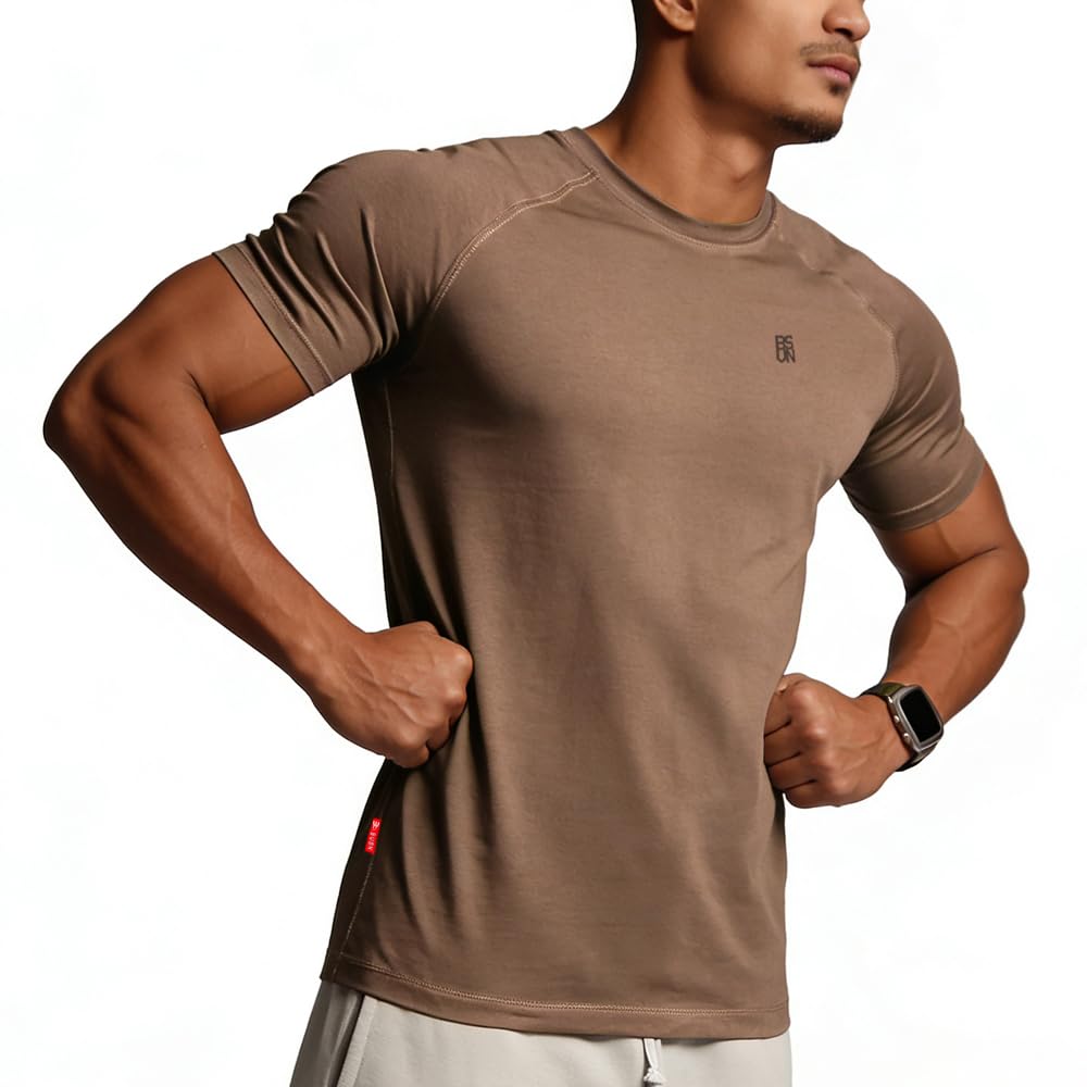 BVSN Men's Cotton Short Sleeve Raglan Crew Neck Gym Workout Athletic Tee