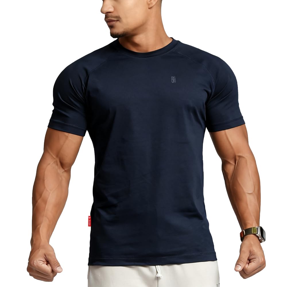 BVSN Men's Cotton Short Sleeve Raglan Crew Neck Gym Workout Athletic Tee