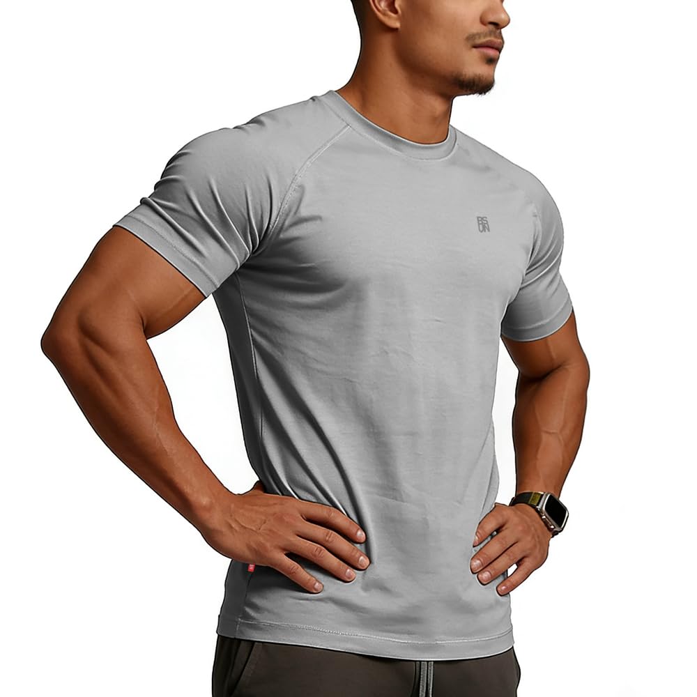 BVSN Men's Cotton Short Sleeve Raglan Crew Neck Gym Workout Athletic Tee