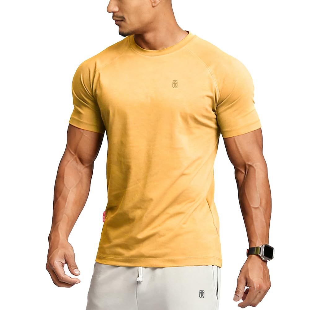 BVSN Men's Cotton Short Sleeve Raglan Crew Neck Gym Workout Athletic Tee