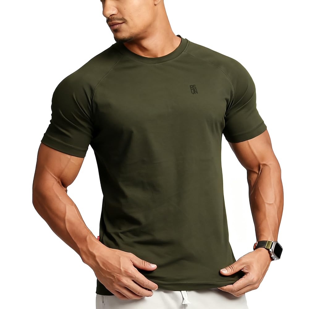 BVSN Men's Cotton Short Sleeve Raglan Crew Neck Gym Workout Athletic Tee