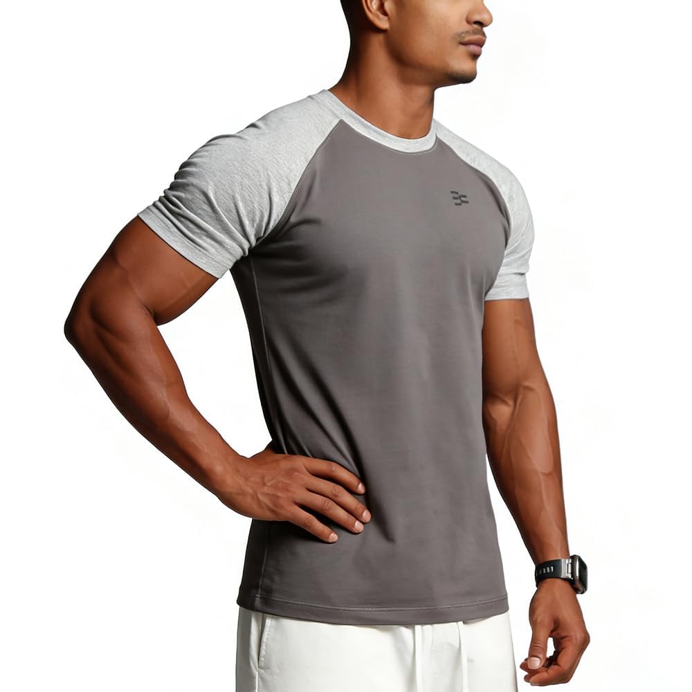 BVSN Men's Cotton Short Sleeve Raglan Crew Neck Gym Workout Athletic Tee