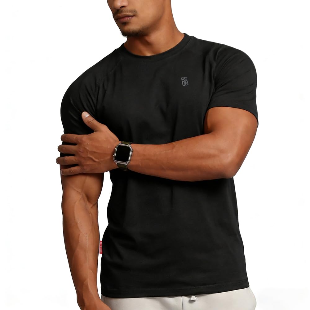 BVSN Men's Cotton Short Sleeve Raglan Crew Neck Gym Workout Athletic Tee