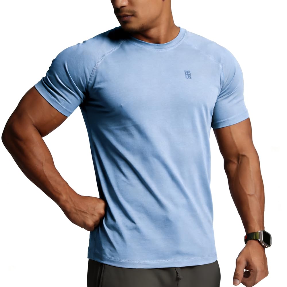 BVSN Men's Cotton Short Sleeve Raglan Crew Neck Gym Workout Athletic Tee