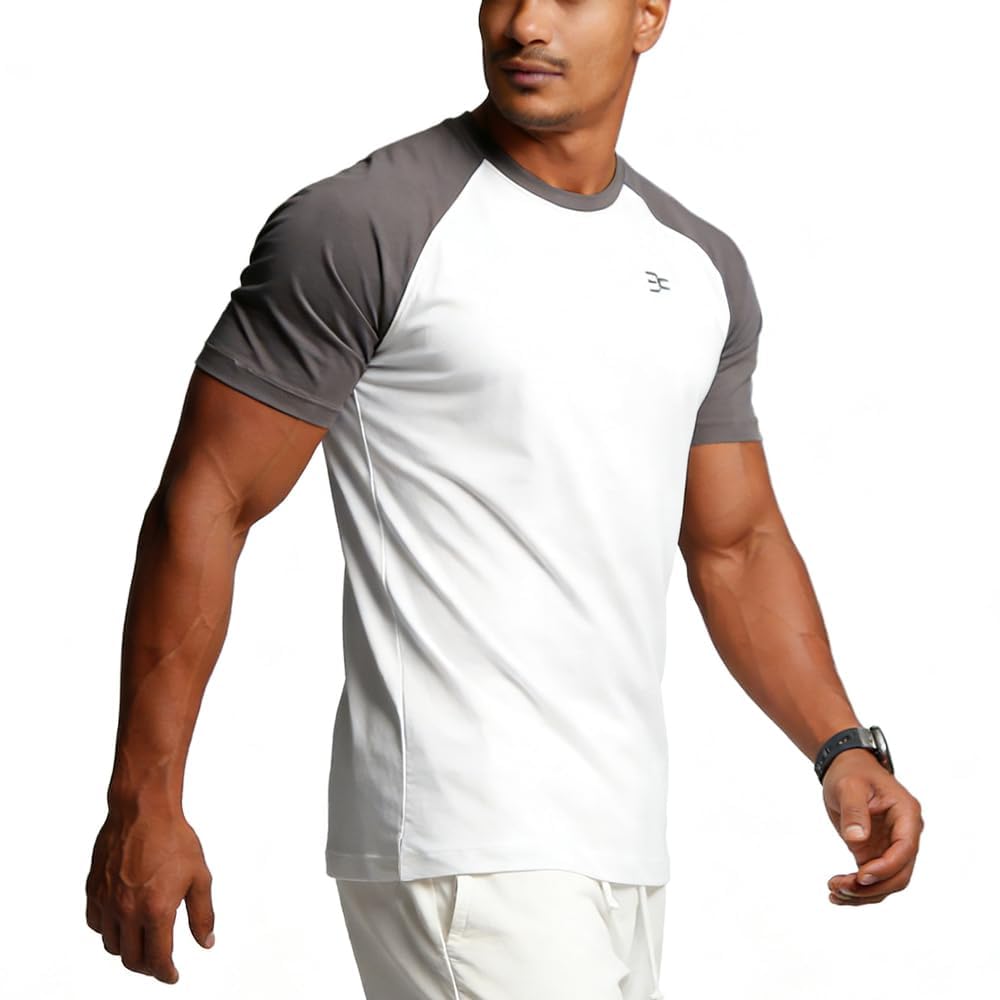 BVSN Men's Cotton Short Sleeve Raglan Crew Neck Gym Workout Athletic Tee