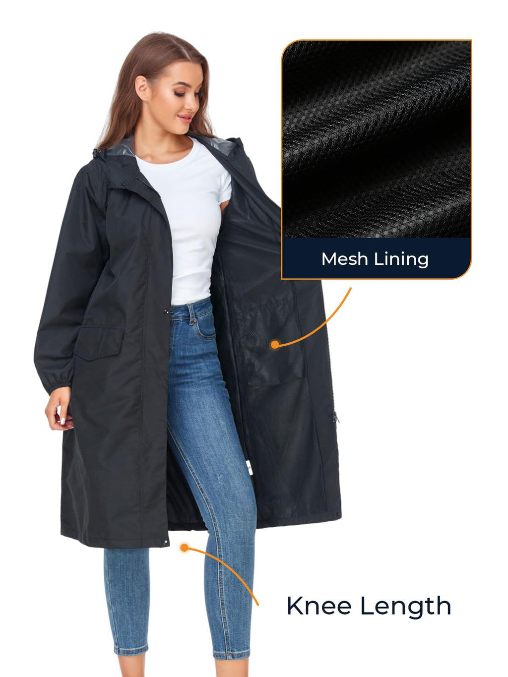 Women's Lightweight Packable Waterproof Long Rain Jacket