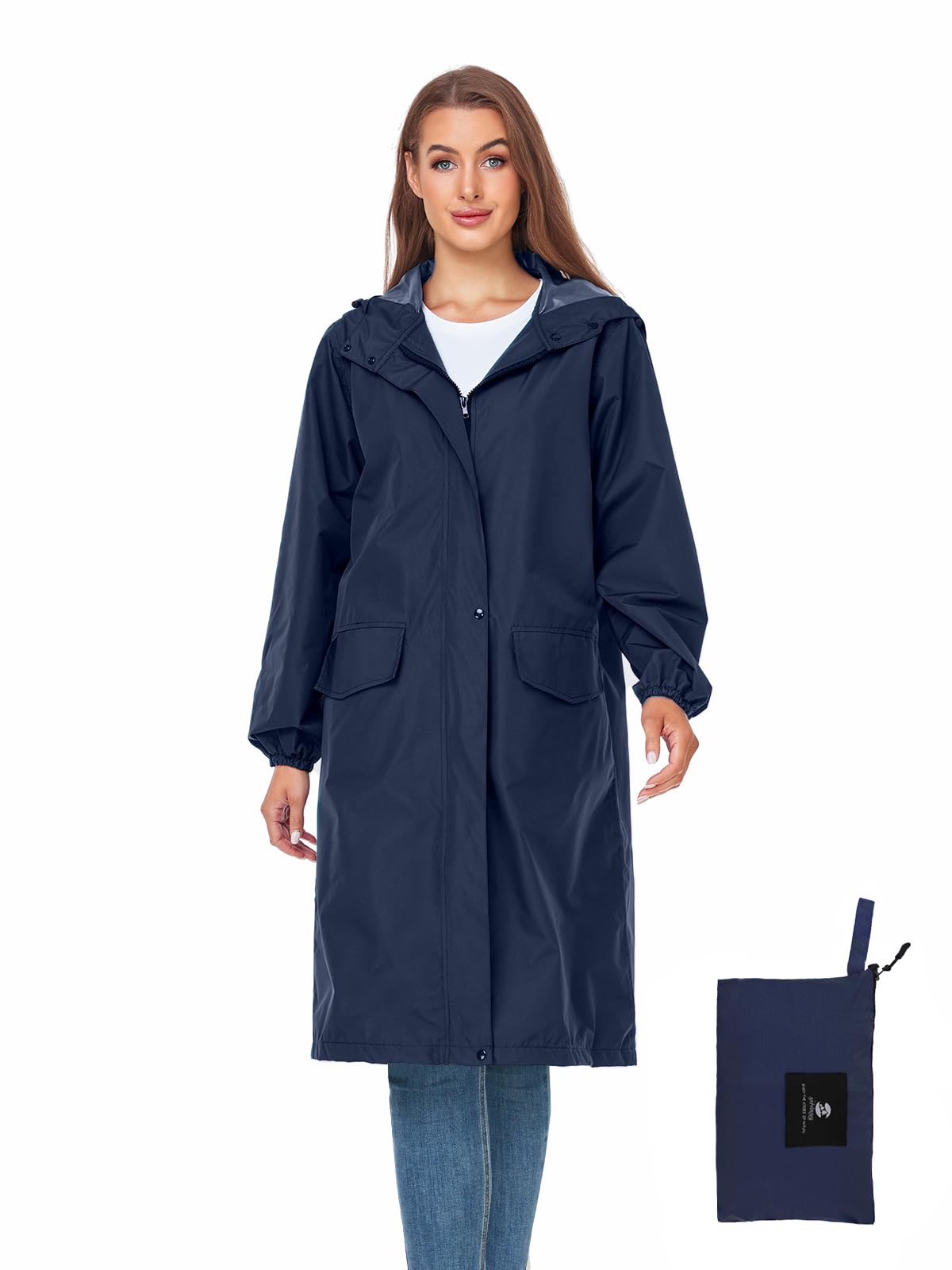 Women's Lightweight Packable Waterproof Long Rain Jacket