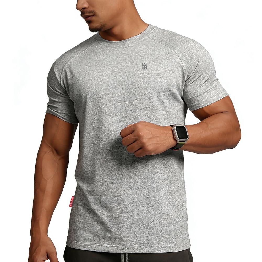 BVSN Men's Cotton Short Sleeve Raglan Crew Neck Gym Workout Athletic Tee