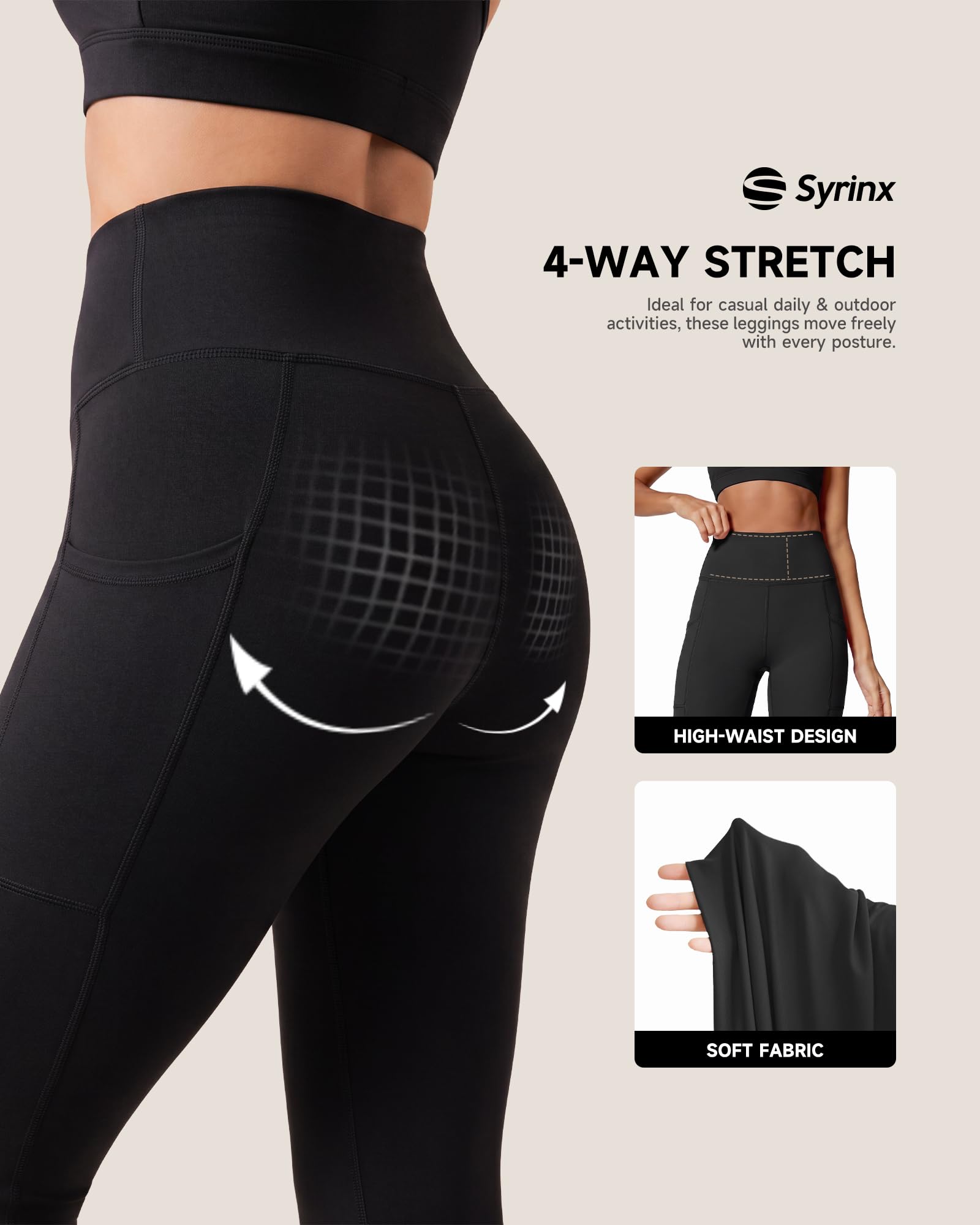 Syrinx 3-Pack High-Waisted Leggings with Pockets for Women, Tummy Control