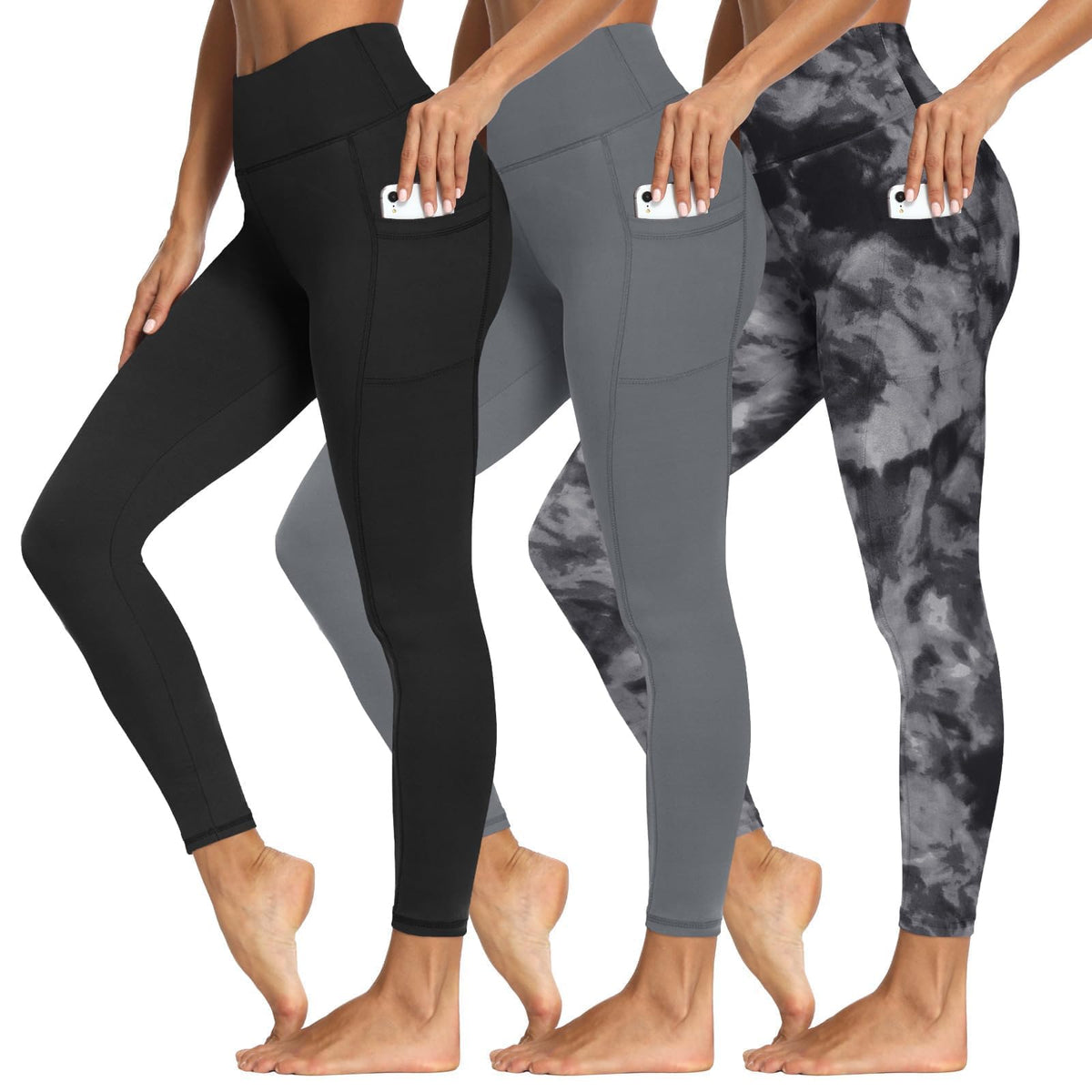 Syrinx 3-Pack High-Waisted Leggings with Pockets for Women, Tummy Control
