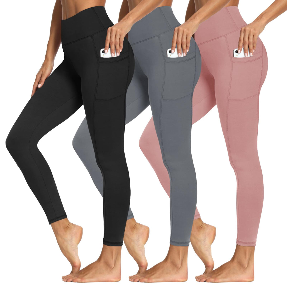 Syrinx 3-Pack High-Waisted Leggings with Pockets for Women, Tummy Control