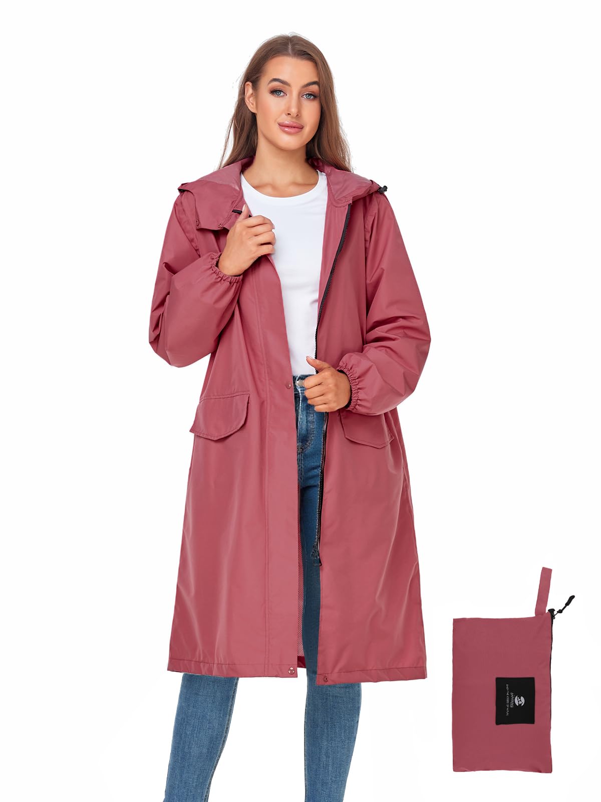 Women's Lightweight Packable Waterproof Long Rain Jacket