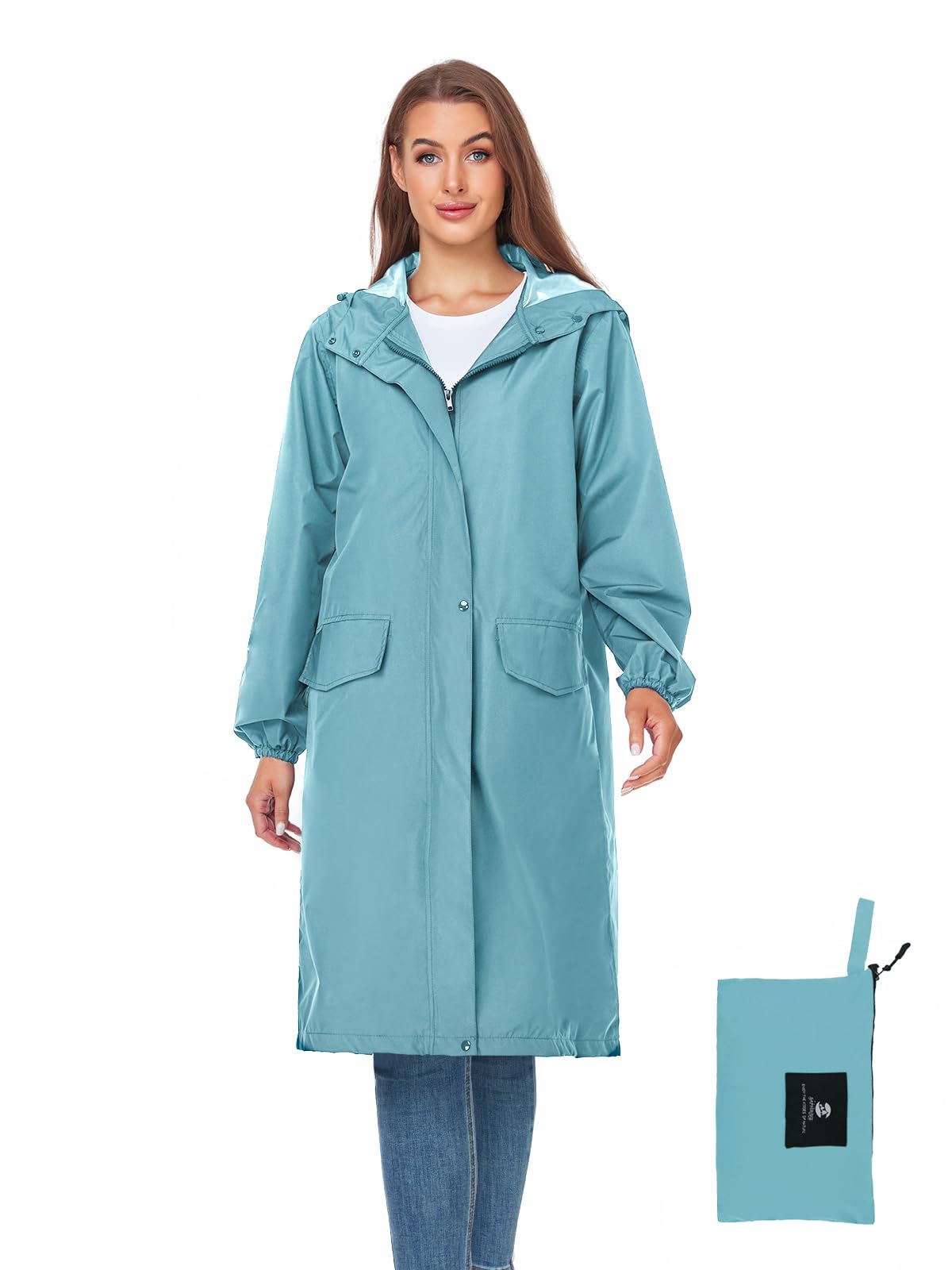 Women's Lightweight Packable Waterproof Long Rain Jacket