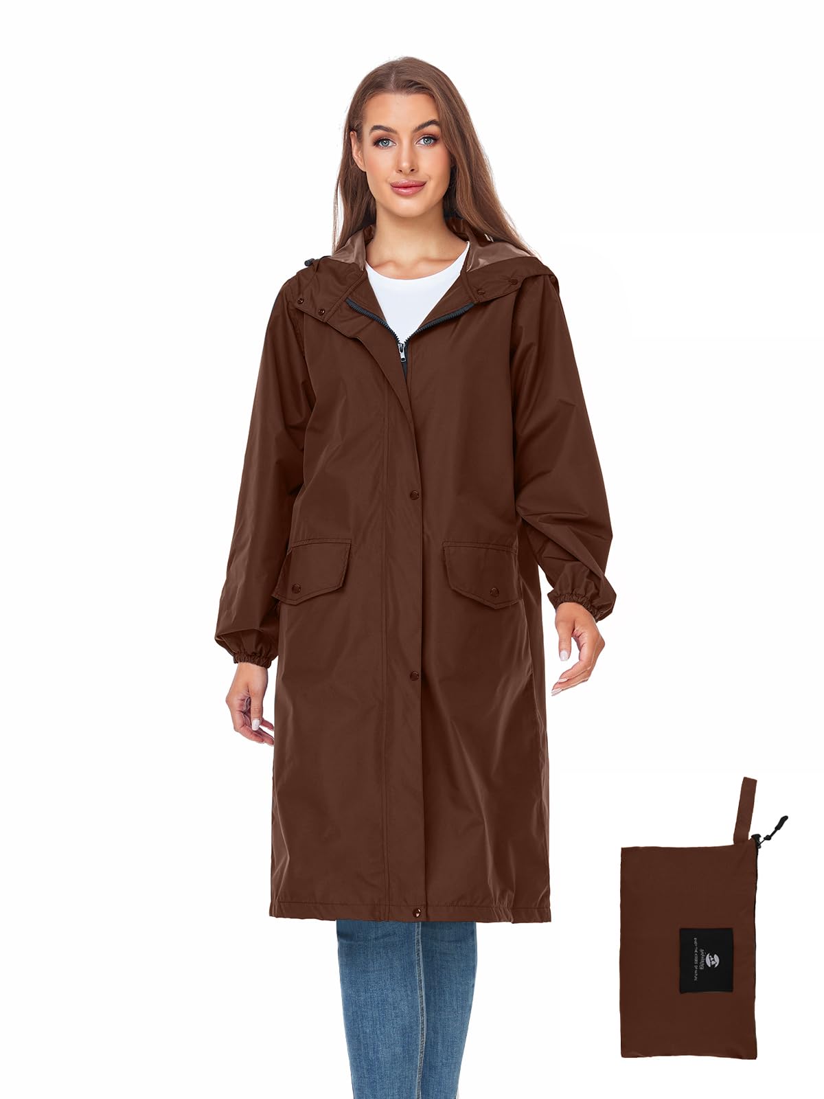 Women's Lightweight Packable Waterproof Long Rain Jacket