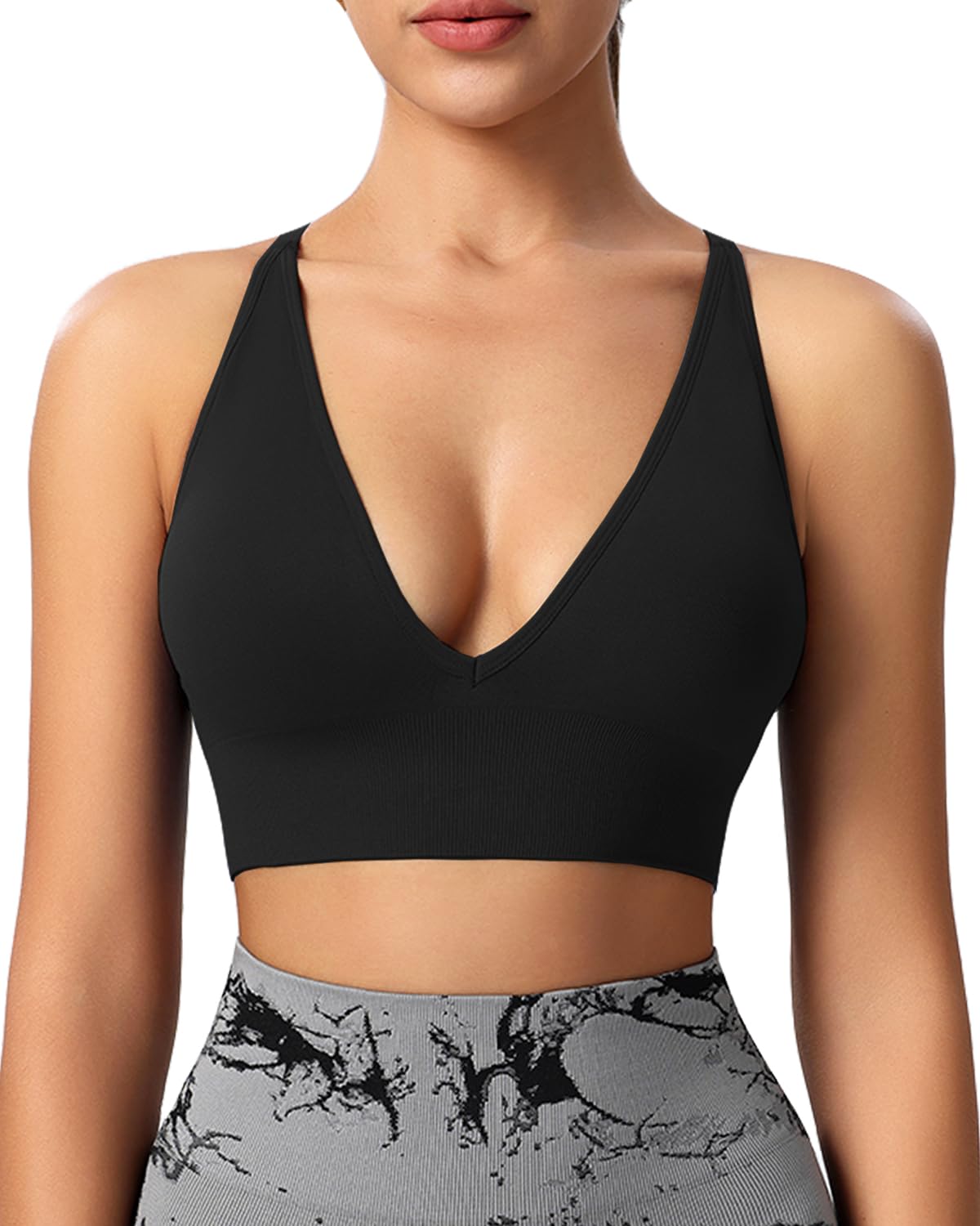 Women's V Neck Sports Bras, Adjustable Seamless Wireless Padded Bralettes
