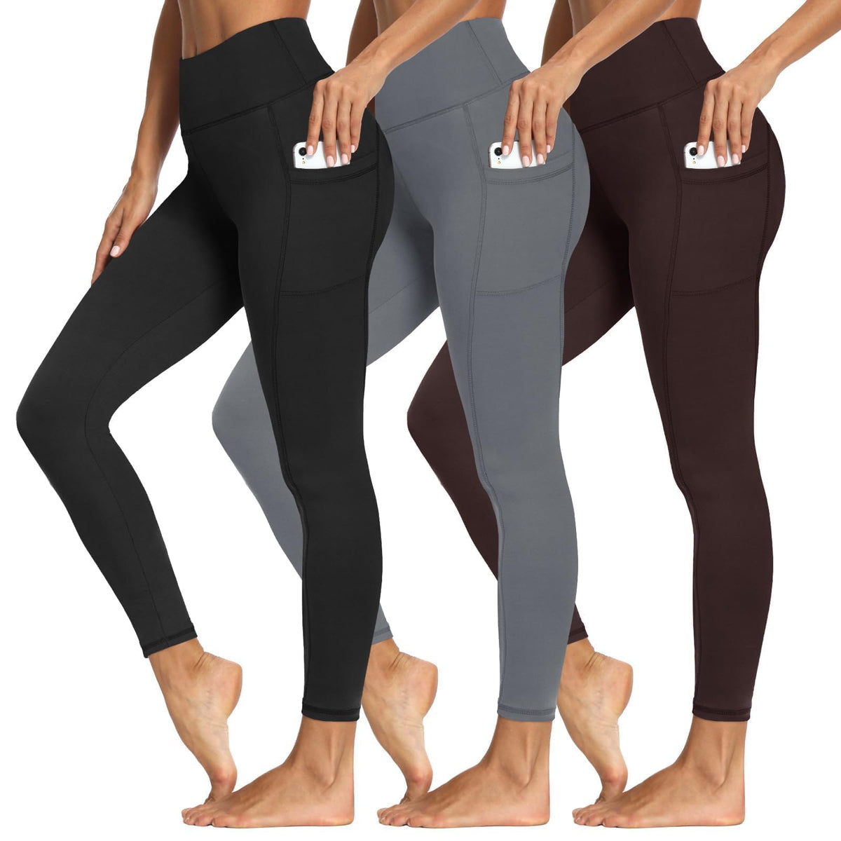Syrinx 3-Pack High-Waisted Leggings with Pockets for Women, Tummy Control