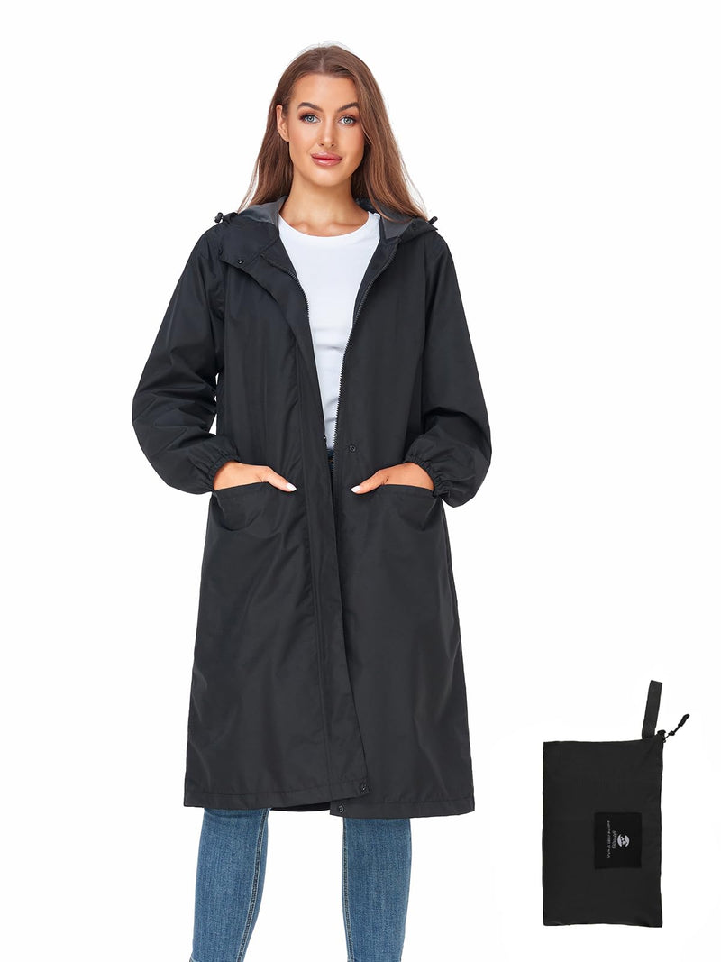 Women's Lightweight Packable Waterproof Long Rain Jacket