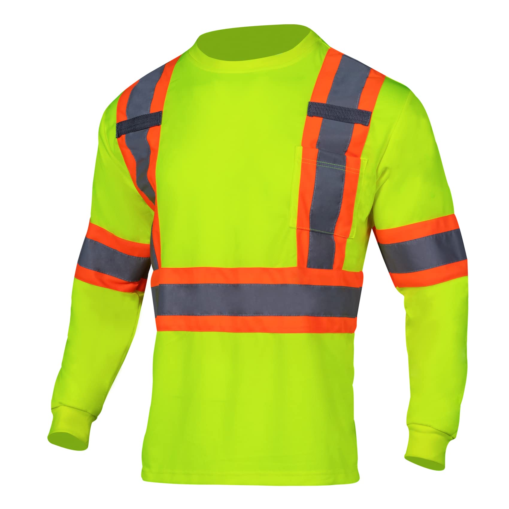 VENDACE Men's High Vis Safety Work T Shirt ANSI Class 2 Reflective Long Sleeve Shirt with Pocket
