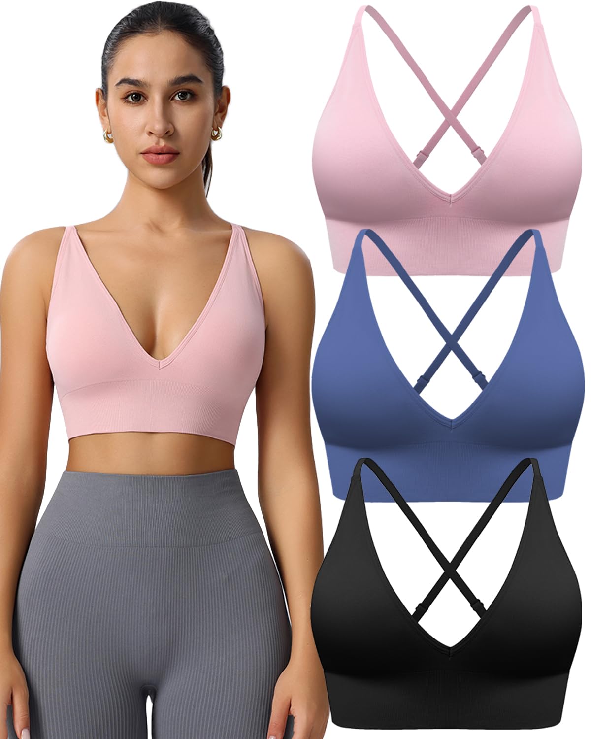 Women's V Neck Sports Bras, Adjustable Seamless Wireless Padded Bralettes