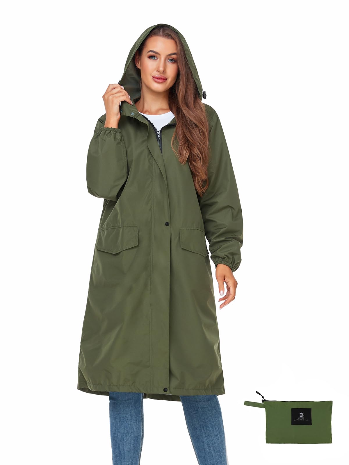 Women's Lightweight Packable Waterproof Long Rain Jacket