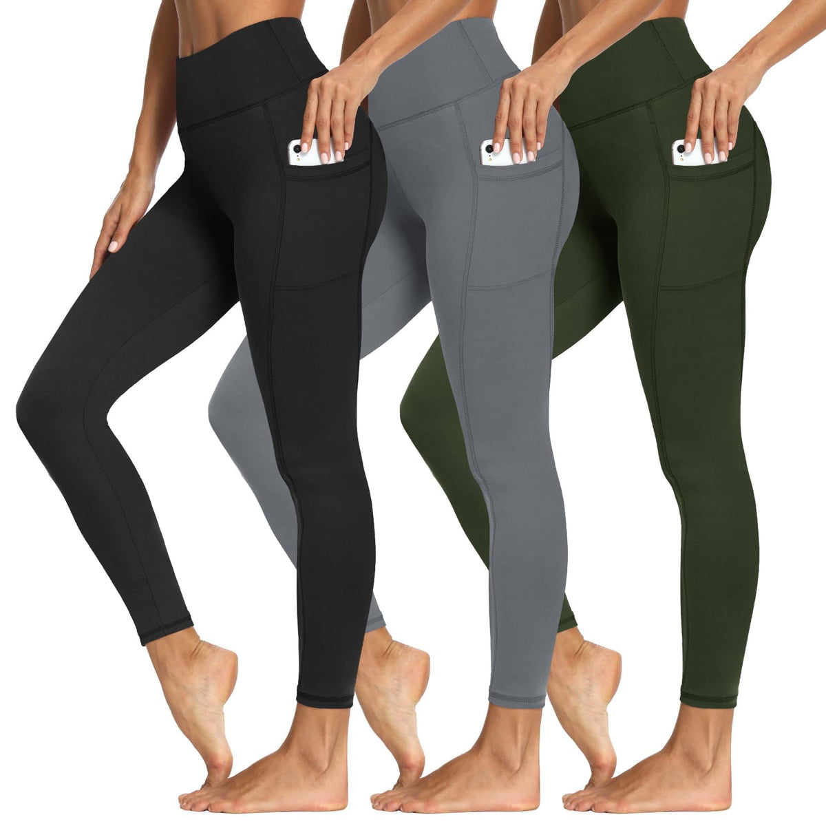 Syrinx 3-Pack High-Waisted Leggings with Pockets for Women, Tummy Control