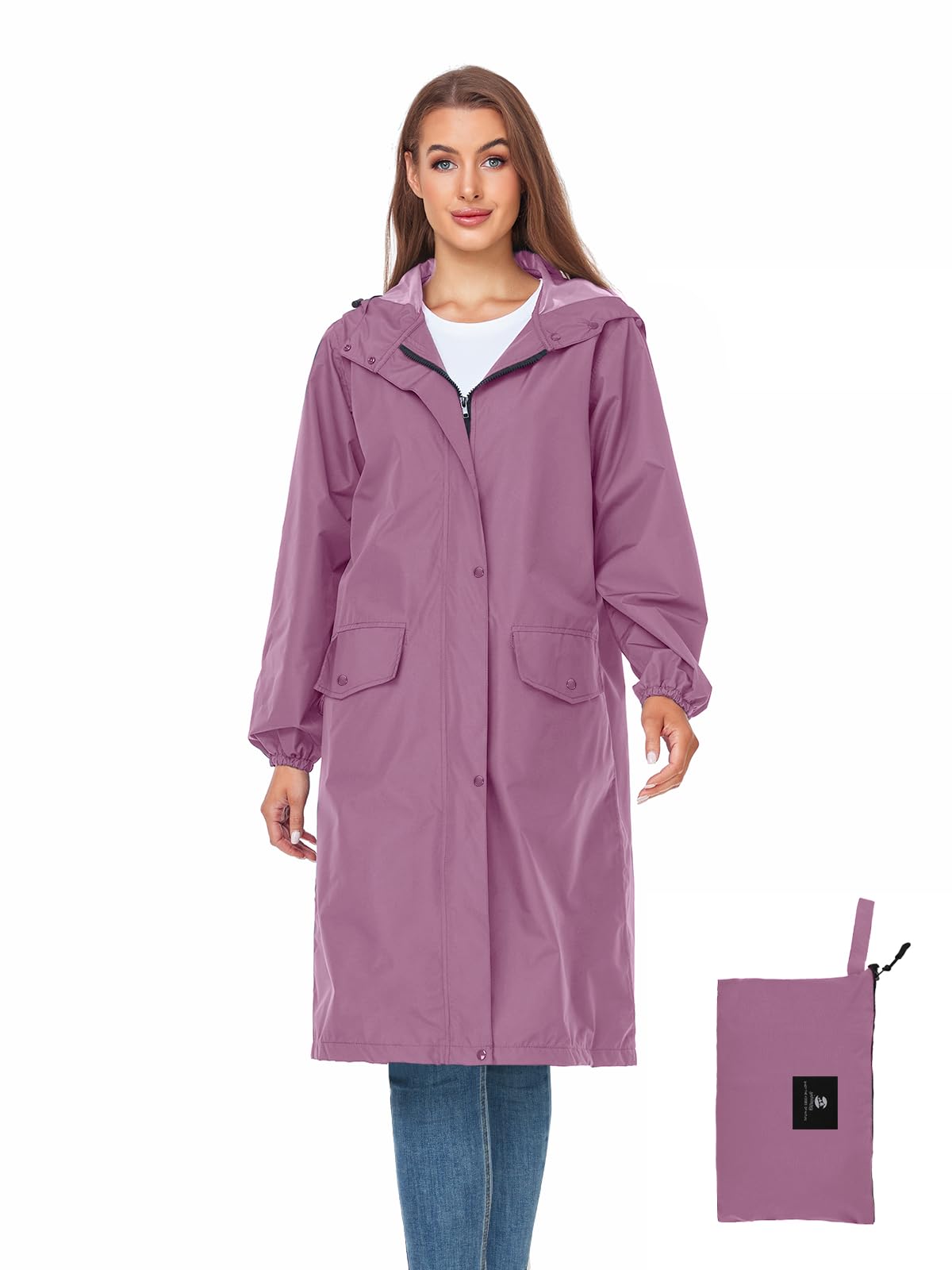 Women's Lightweight Packable Waterproof Long Rain Jacket