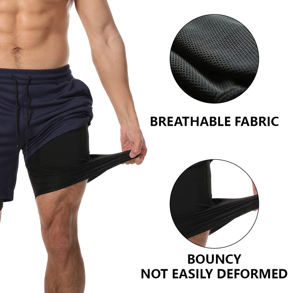 JWJ Men's 2 in 1 Workout Running Shorts 7 Inch Lightweight Athletic Gym Shorts with Compression Liner