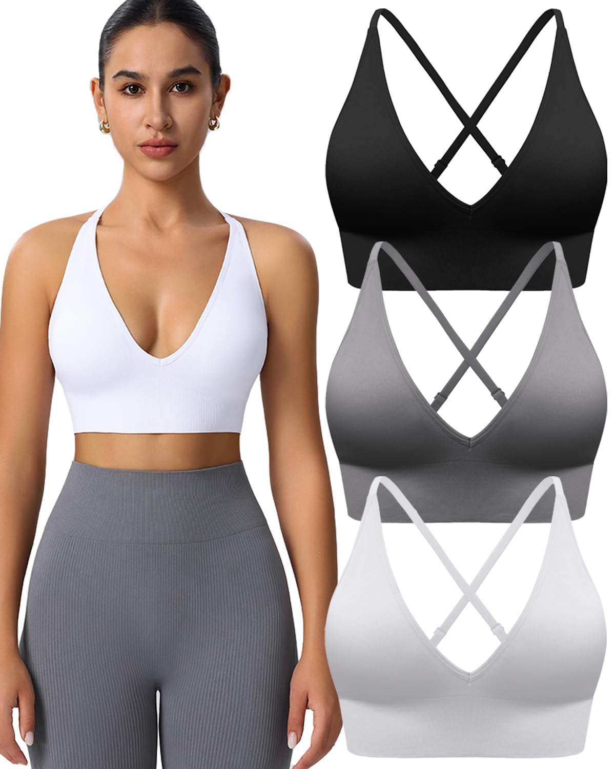 Women's V Neck Sports Bras, Adjustable Seamless Wireless Padded Bralettes