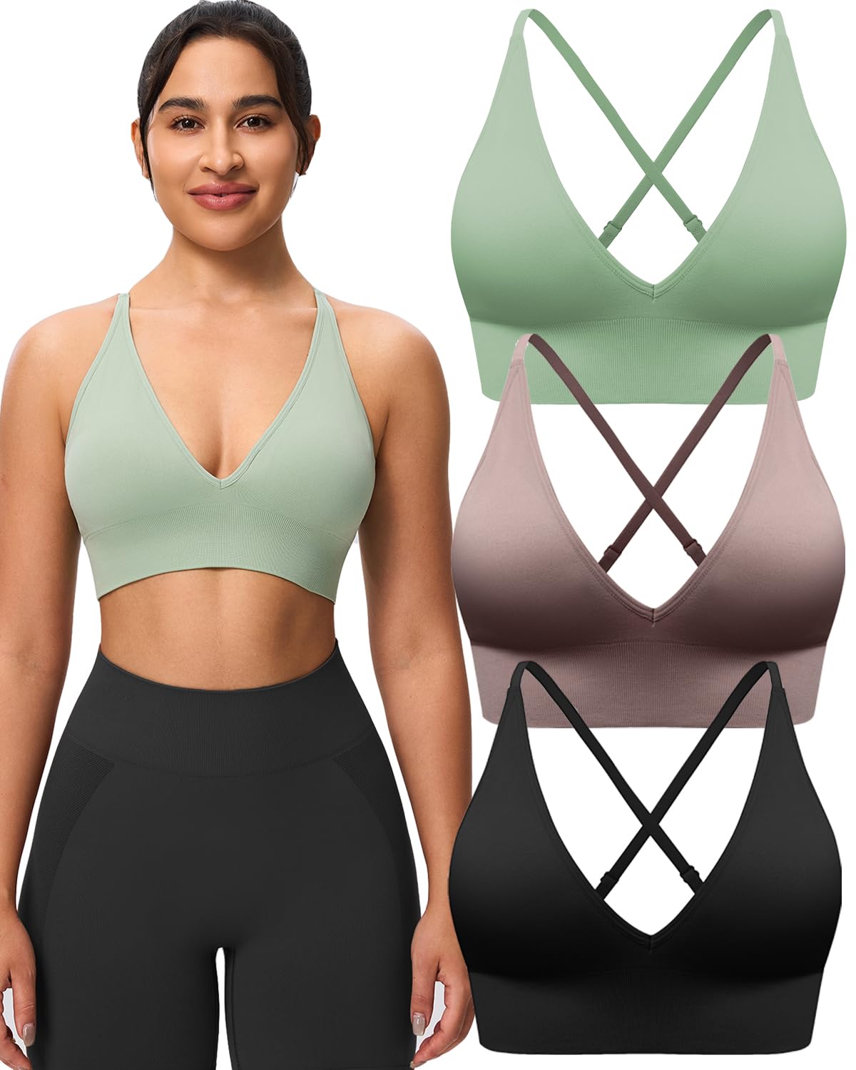 Women's V Neck Sports Bras, Adjustable Seamless Wireless Padded Bralettes