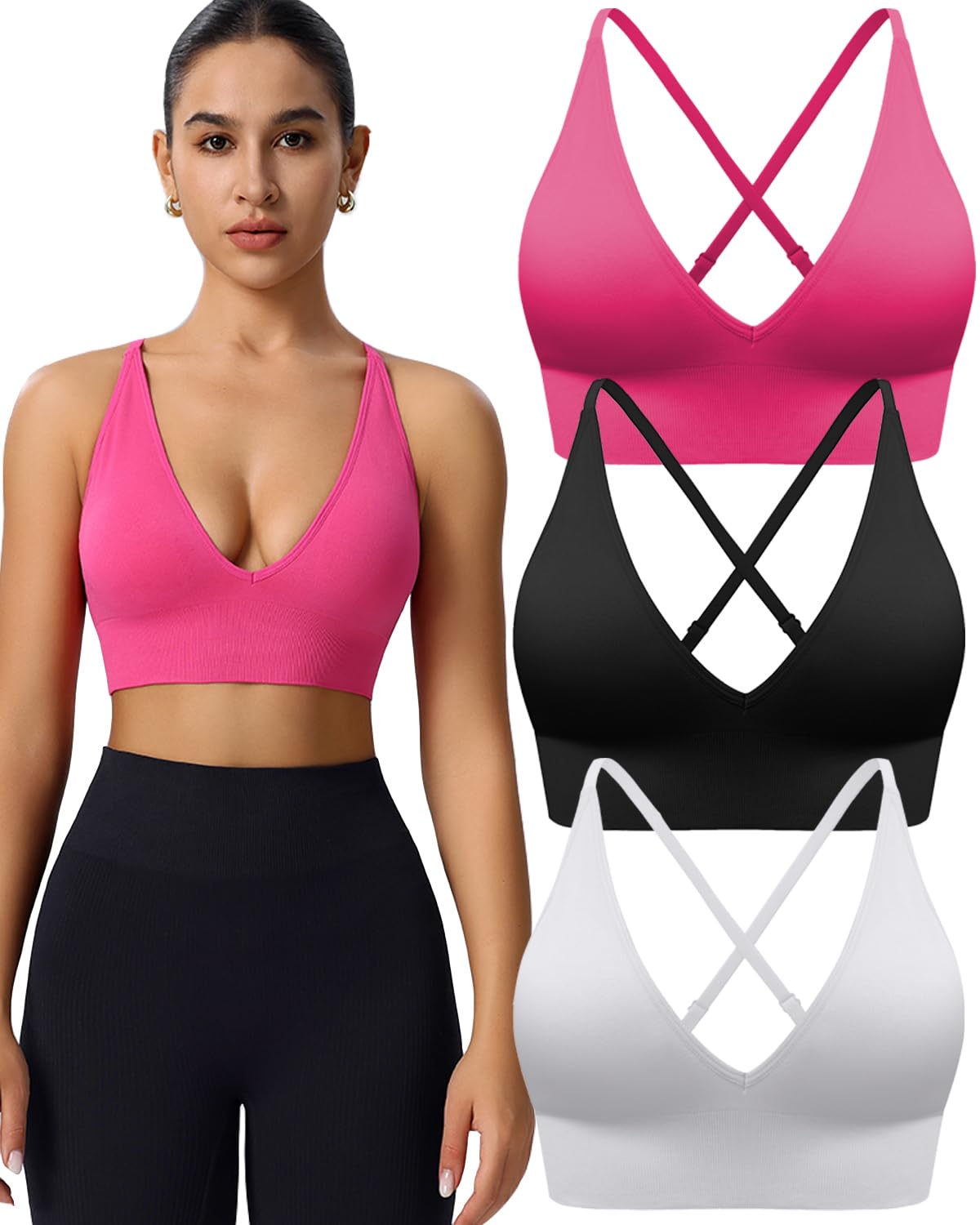 Women's V Neck Sports Bras, Adjustable Seamless Wireless Padded Bralettes