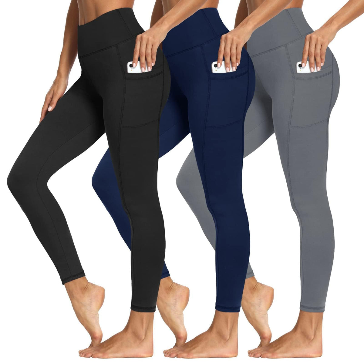 Syrinx 3-Pack High-Waisted Leggings with Pockets for Women, Tummy Control