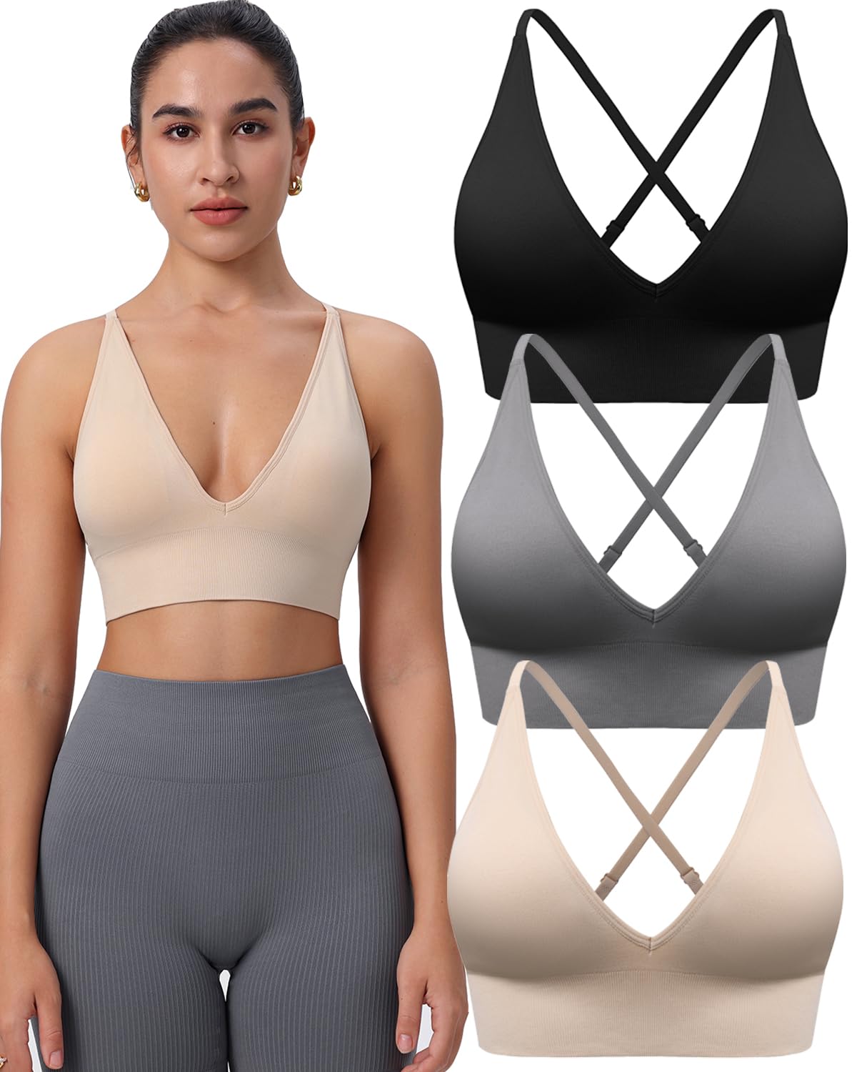 Women's V Neck Sports Bras, Adjustable Seamless Wireless Padded Bralettes