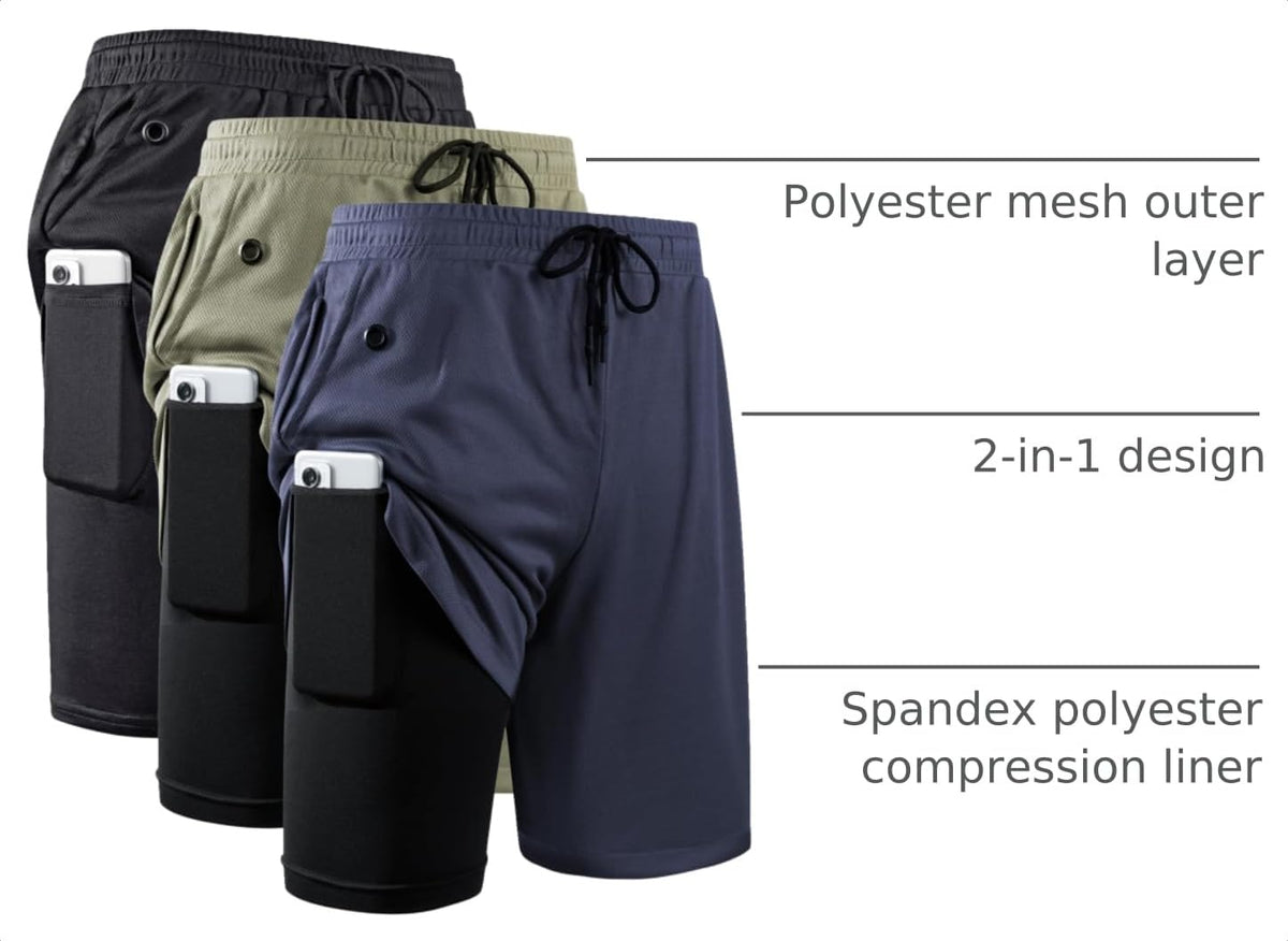 JWJ Men's 2 in 1 Workout Running Shorts 7 Inch Lightweight Athletic Gym Shorts with Compression Liner