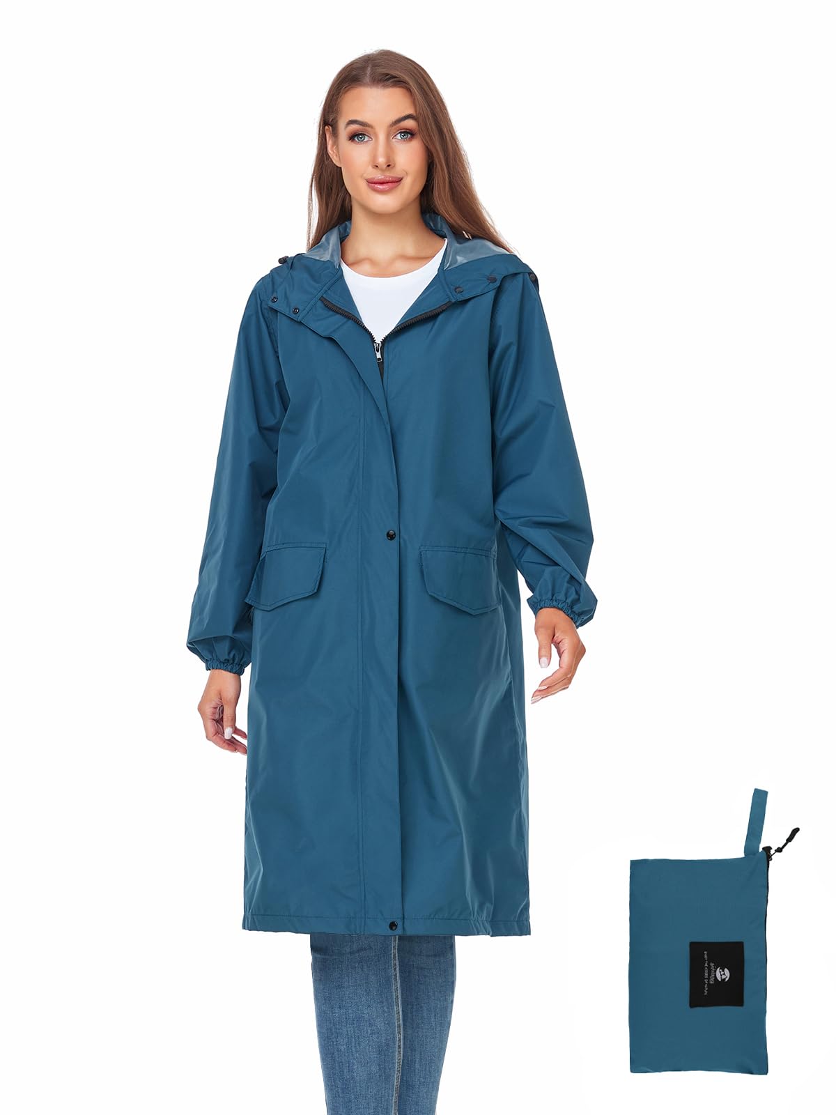Women's Lightweight Packable Waterproof Long Rain Jacket