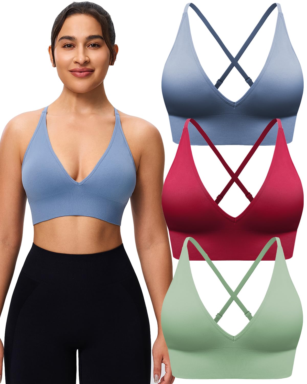 Women's V Neck Sports Bras, Adjustable Seamless Wireless Padded Bralettes