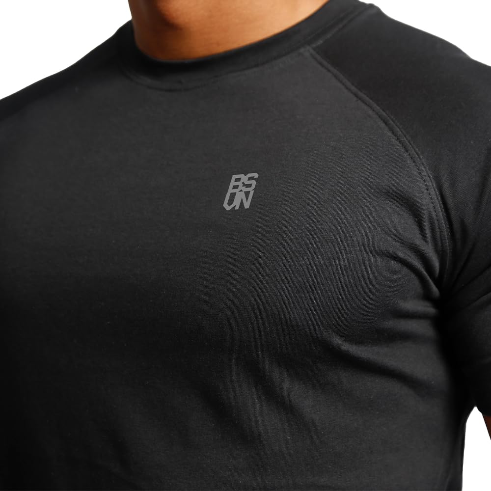 BVSN Men's Cotton Short Sleeve Raglan Crew Neck Gym Workout Athletic Tee