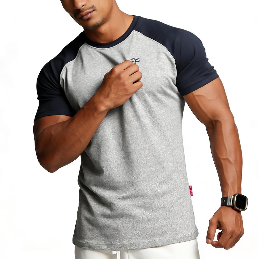 BVSN Men's Cotton Short Sleeve Raglan Crew Neck Gym Workout Athletic Tee
