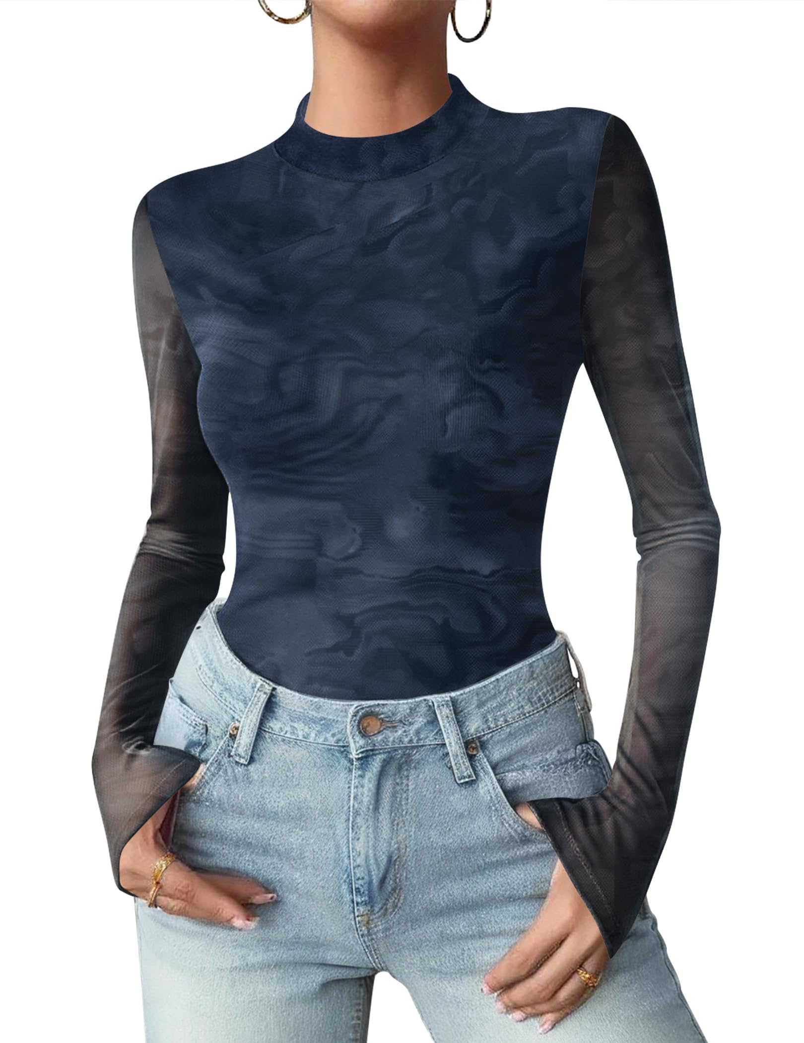 Zeagoo Women Floral Mesh Long Sleeve Tops Mock Neck See Through Blouses