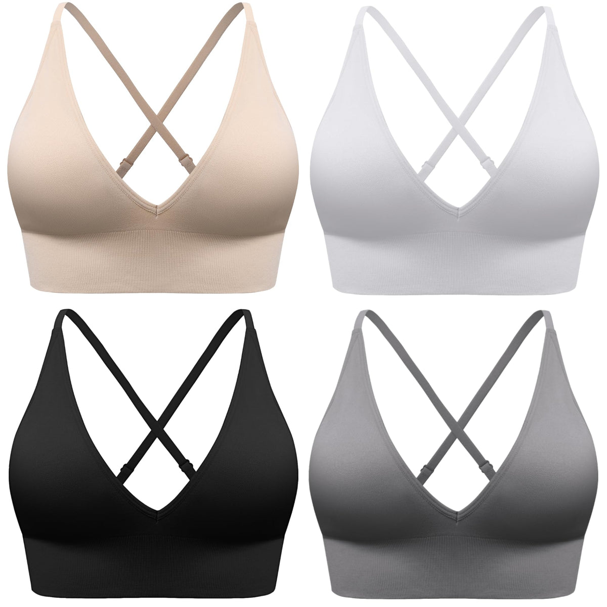 Women's V Neck Sports Bras, Adjustable Seamless Wireless Padded Bralettes