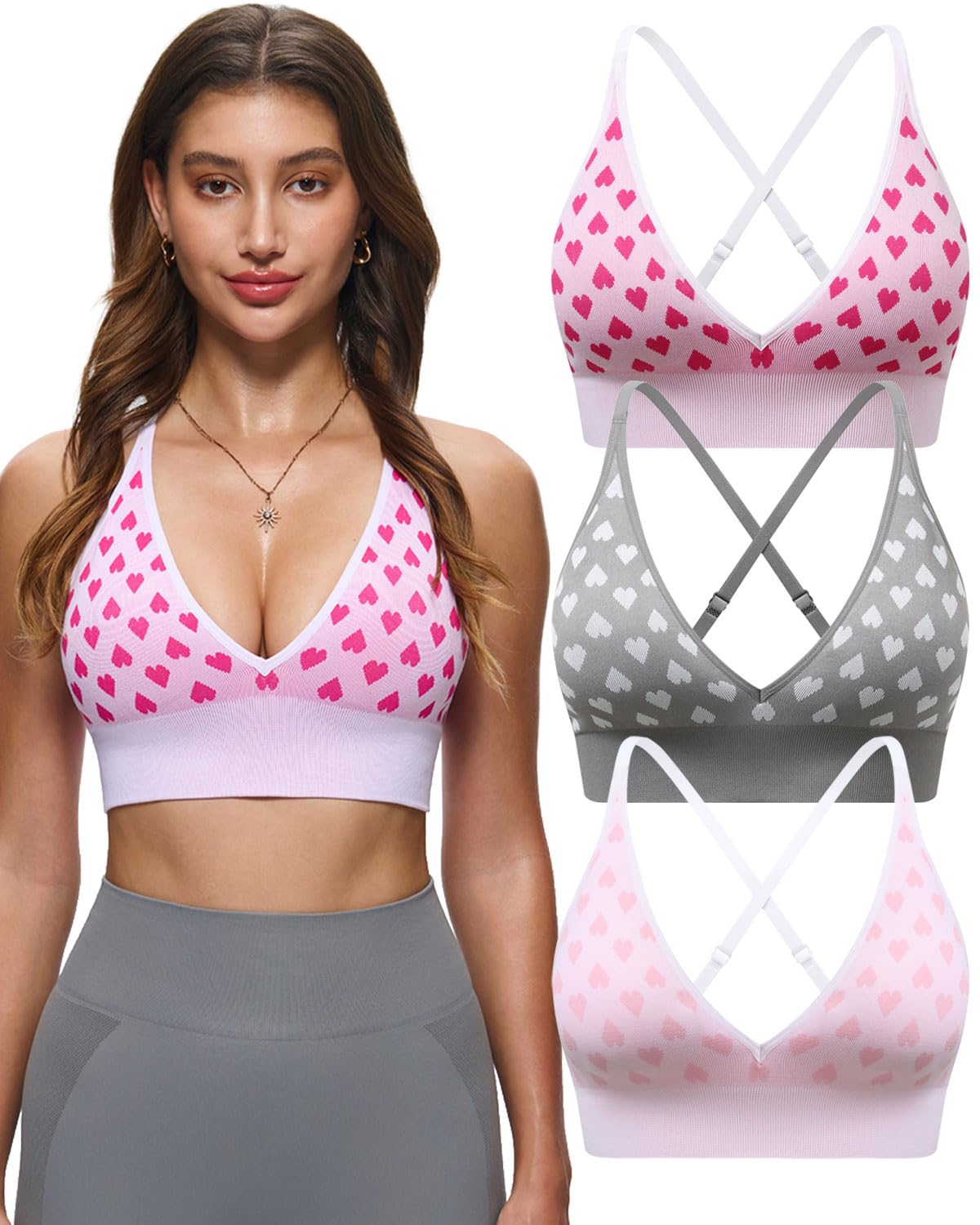Women's V Neck Sports Bras, Adjustable Seamless Wireless Padded Bralettes